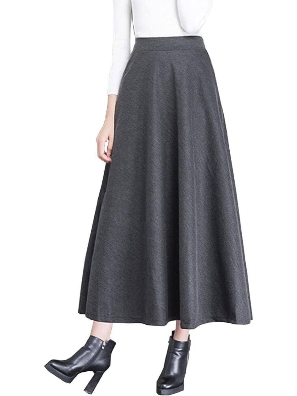 High Elastic Waist A-line Maxi Wool Skirt | Plaid Winter Warm Flare Long Skirt